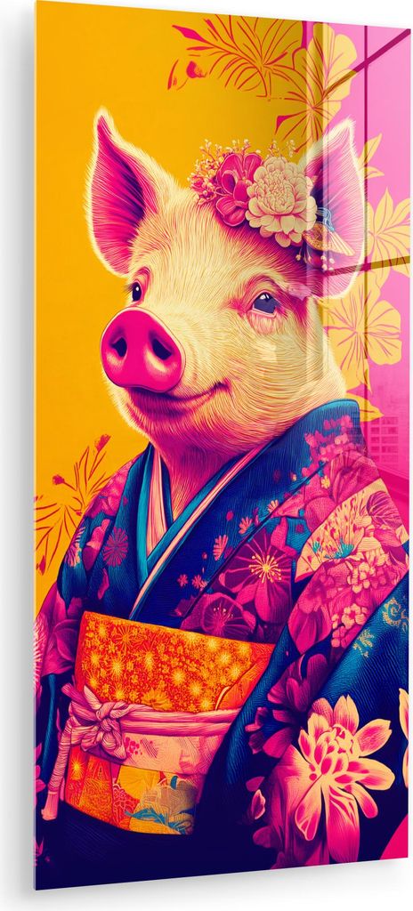 MuchoWow Glasbilder - Bilder auf Wandbild - Foto auf Glas Schwein - Blumenkrone - Kimono - Abstrakt 40x80 cm Wanddekoration aus Glas - Acrylglasbil...