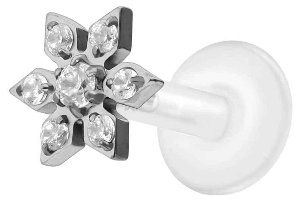 Ohrpiercing, Nasenpiercing PTFE Labret mit Innengewinde + Titan-Aufsatz KRISTALLBLUME Silber Stablänge: 6mm | Stabstärke: 1,2mm