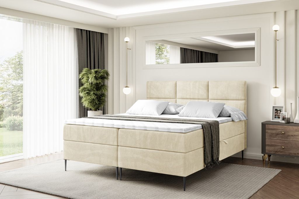 ALTDECOR Boxspringbett mit Schwarz Füßen, Matratze und Lattenrost, Boxbett, Topper, Polsterbett mit Bettkasten, Bett mit Stauraum H3-Matratze, Do...