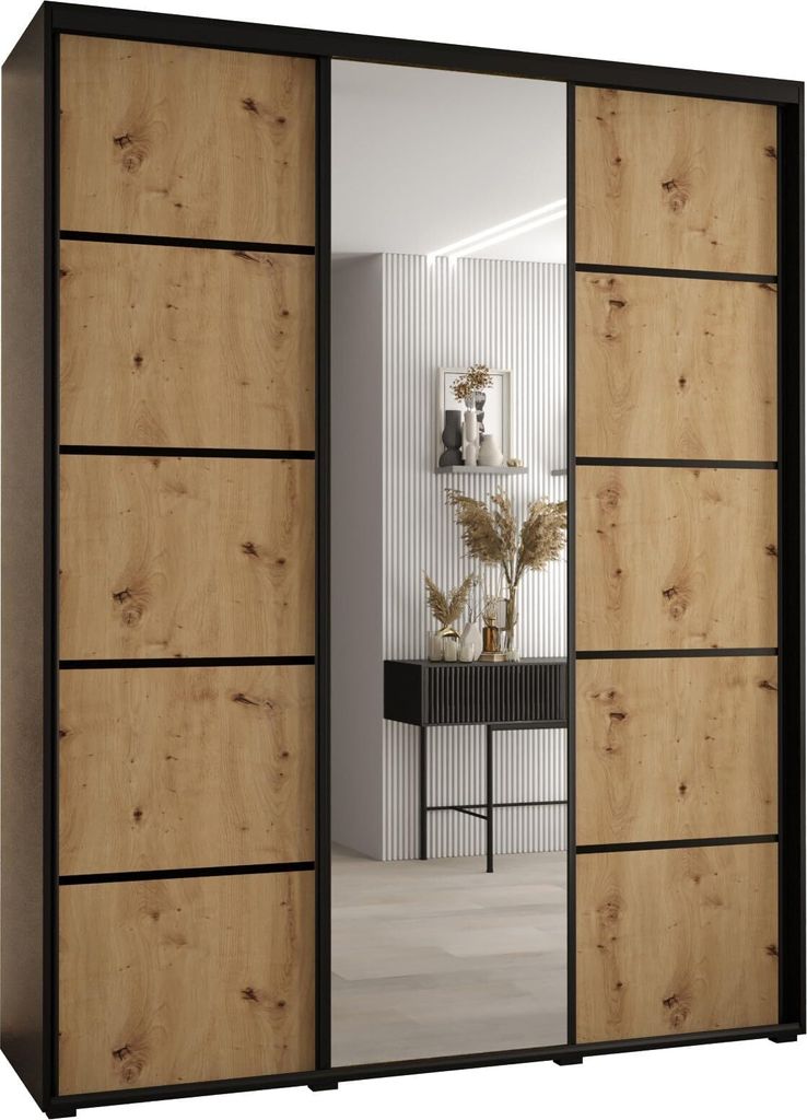 MEBLE KRYSPOL Cannes 5 Schrank mit 3 Schiebetüren - 205,2x200x45 cm - Schwarz Artisan Schwarz