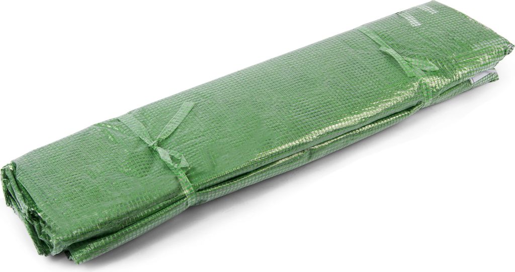 A rolled-up green tarp or cover, tied with green ties.