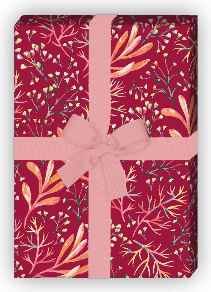 Tolles rotes Geschenkpapier zum Einpacken mit Korallen Blumen - G10234, 32 x 48cm