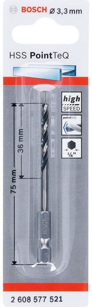 Bosch HSS PointTeQ HEX Metallbohrer DIN338 3,3mm, 1er VE, 2608577521