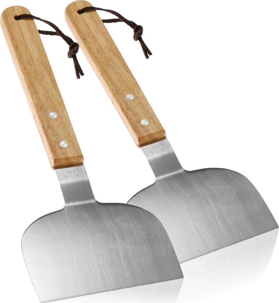 COM-FOUR 2x Grillschaber mit Holzgriff - Grillspachtel aus rostfreiem Stahl und Holz - zum Wenden von Grillgut wie Hamburger bei BBQ