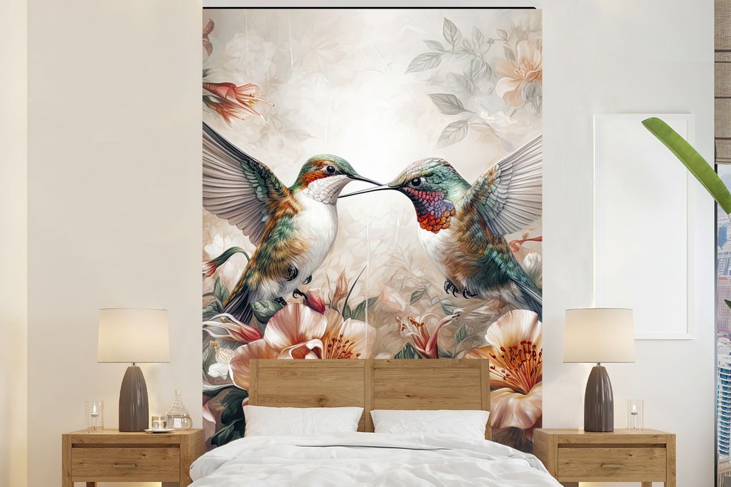 MuchoWow Fototapete für Wohnzimmer oder Schlafzimmer Wandtapete Vinyl Motivtapete Kolibri - Vögel - Blumen - Natur - 170x260 cm - Wohnzimmertapete