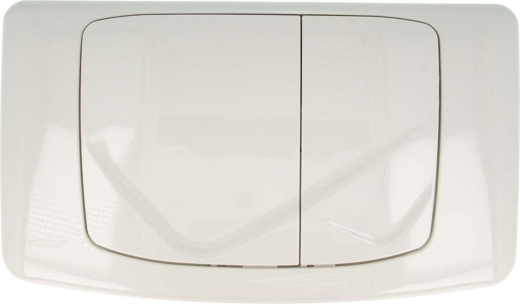 A white dual-flush toilet actuator plate with two buttons.