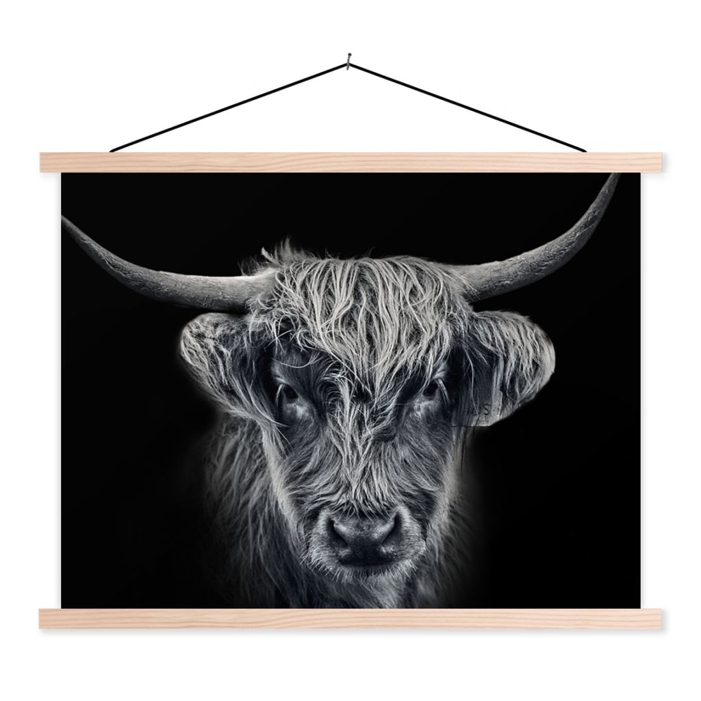 MuchoWow Textilposter Schottischer Highlander - Schwarz - Kuh - Tiere 120x90 cm mit holzfarbenen Rahmen - Magnetisch