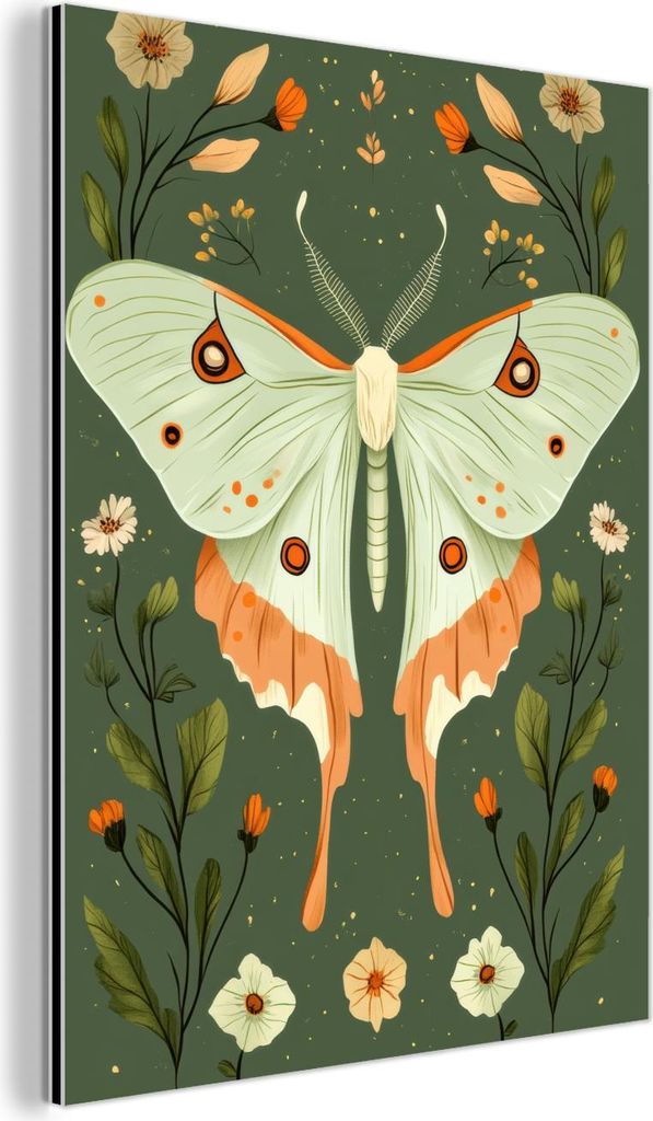 MuchoWow Wanddekoration Metall Metallbild Wandkunst 60x80 cm Blumen - Blätter - Olivgrün - Schmetterling MuchoWow Aluminium Gemälde - Wanddekora...