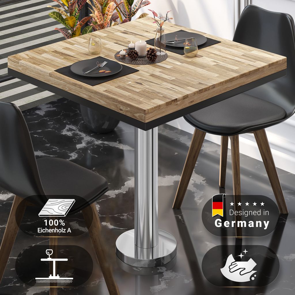 MML | Bistro Massiv Tisch | Quadratisch | 70 x 70 x 77 cm | Eiche / Edelstahl | Bistrotisch Gastro Tisch
