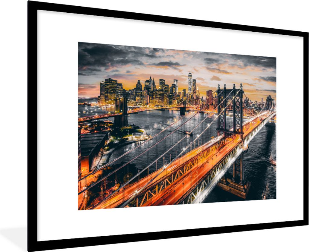 MuchoWow MuchoWow Gerahmtes Poster New York - Sonnenuntergang - Orange 90x60 cm - Poster mit zchwarzem Bilderrahmen - Wanddekoration - Fotos