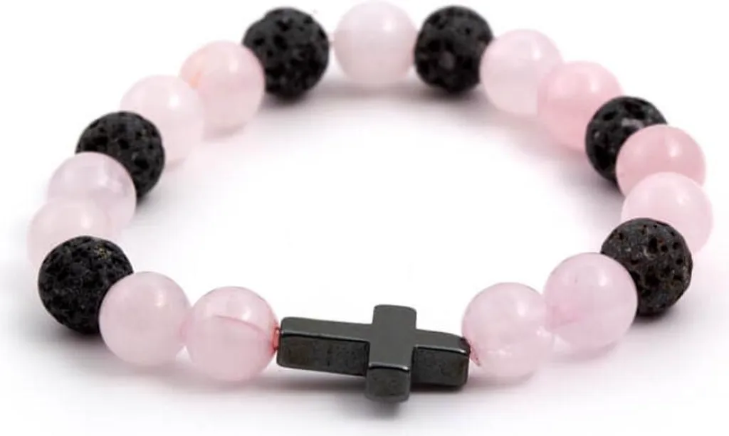 Bracelet de perles de quartz rose, pierre de lave et hématite MINK06/17