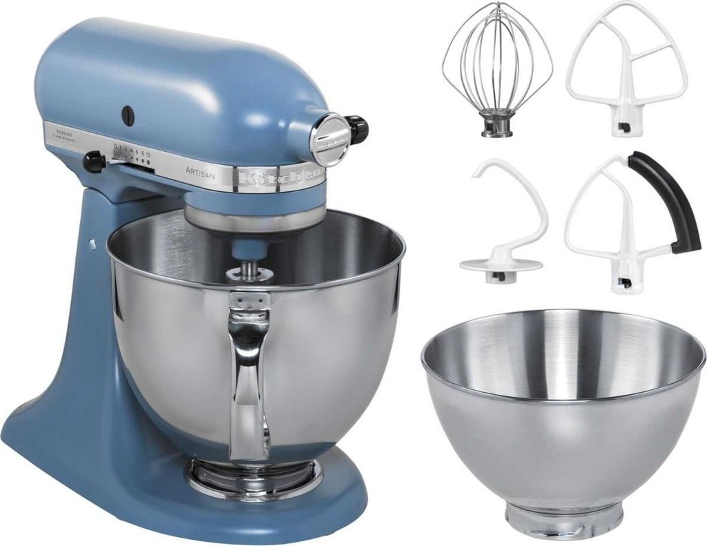 A blue KitchenAid stand mixer with several attachments and a bowl.