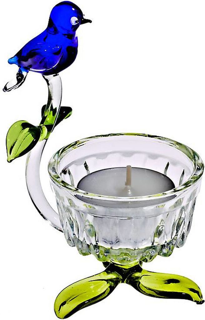 Teelichthalter mit Vogel Blumen 7,5cm, aus Kristallglas