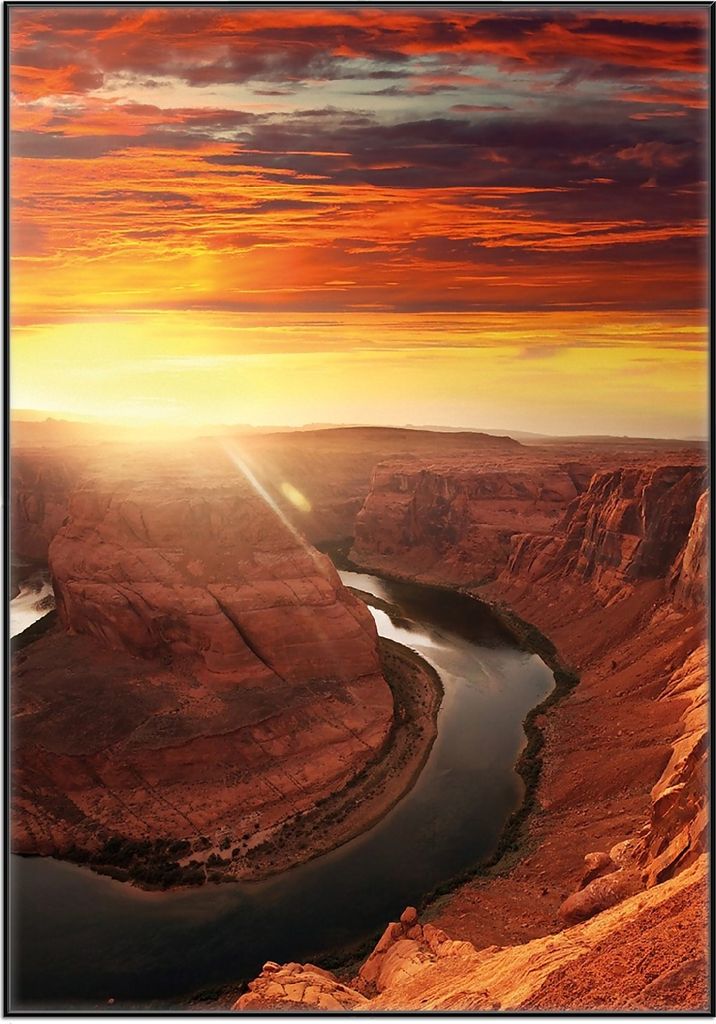 Wallario Wandbild Grand Canyon bei Sonnenuntergang, Größe: 70,30 x 100,30 cm, Poster mit schwarzem Aluminiumrahmen