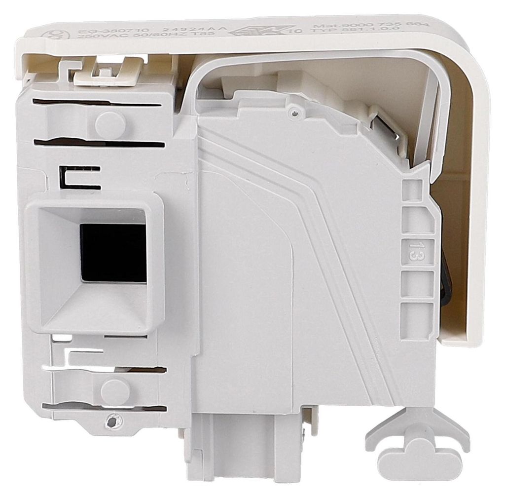 A white plastic washing machine door lock mechanism is shown in a side profile against a white background.
