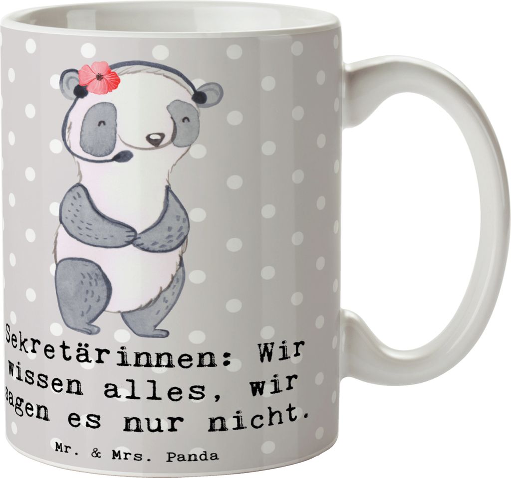 Mr. & Mrs. Panda Teebecher Sekretärin Geheimnisträgerin - Grau Pastell - Geschenk, haferl, Tasse, Trinkbecher, Keramiktasse, Pott, Büroweisheite...