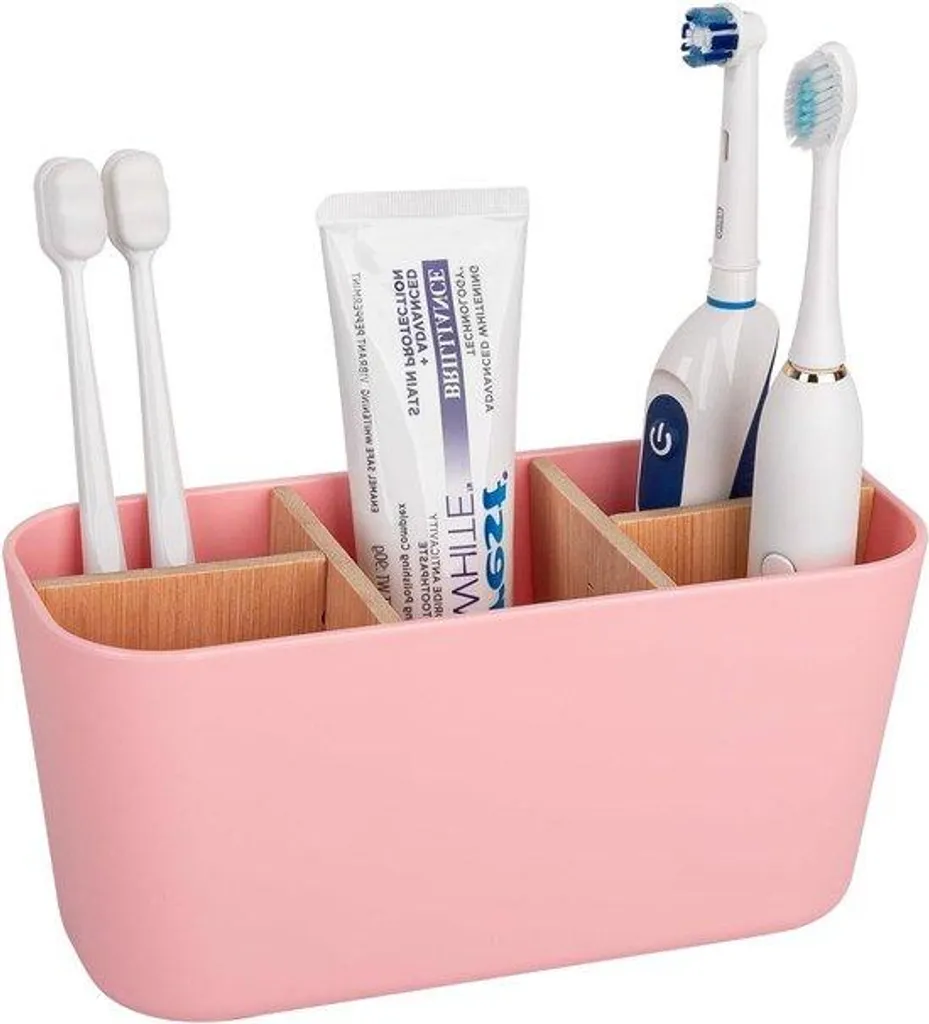 Fini le désordre : porte-brosses à dents en bambou rose 5 compartiments