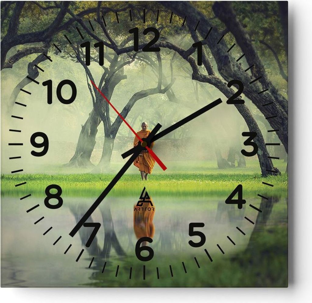 Wanduhr - Quadrat - Glasuhr - Mönch Wald Nebel - 30x30cm - Schleichendes Uhrwerk - Lautlos - zum Aufhängen bereit - Dekoration Modern - Wanddekor...