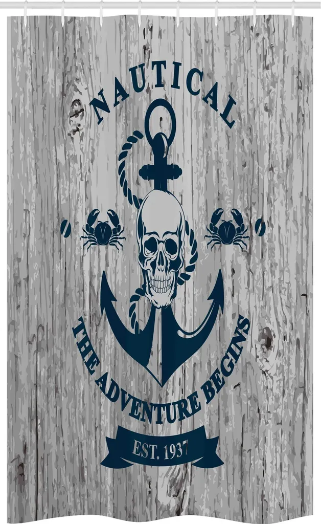 ABAKUHAUS Tenda da doccia nautica stretta, ancora, teschi, mare, corda, set decorativo per bagno in tessuto con ganci, 120 x 180 cm, beige e blu navy