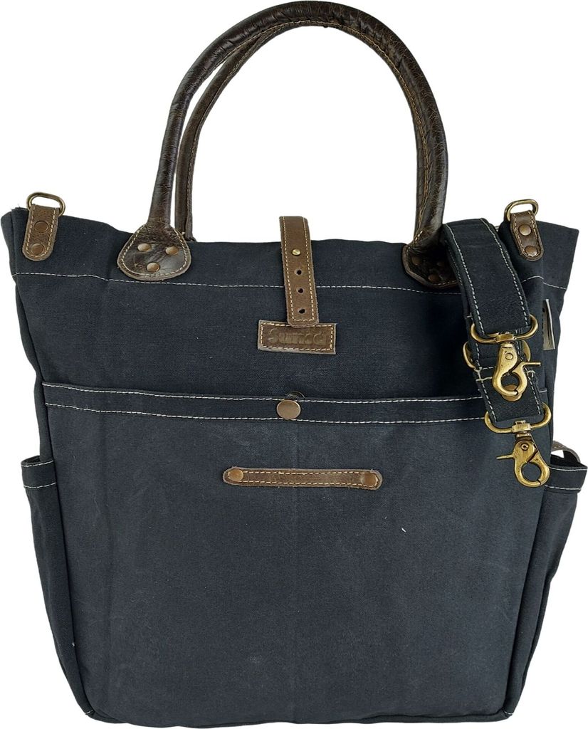 Damen groß Handtasche. Shopper aus Canvas & Leder. Schwarze Nachhaltige Schultertasche für Ordner A4 geeignet. Schulter Retro Tasche