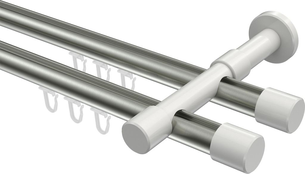 Interdeco Innenlaufstange / Gardinenstange mit Innenlauf Edelstahl-Optik / Weiß, Typ Prestige Santo (Kappe), 20 mm Ø 2-läufig, 400 cm