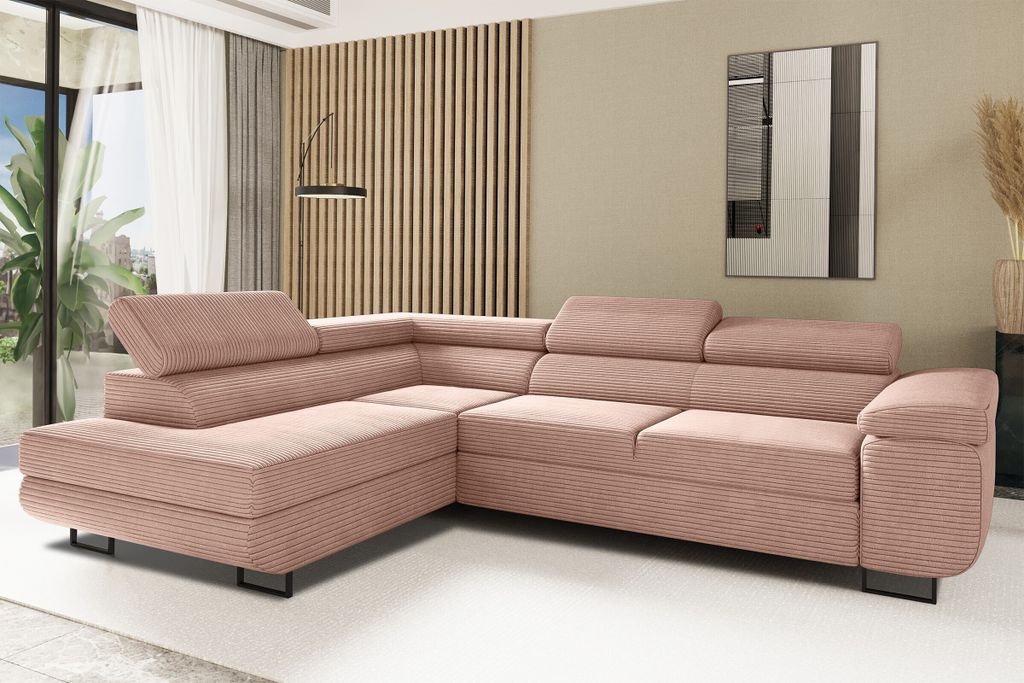 Kaiser Möbel Ecksofa mit schlaffunktion und bettkasten Eckcouch L-Form ATOMIC stoff Poso Links Rosa
