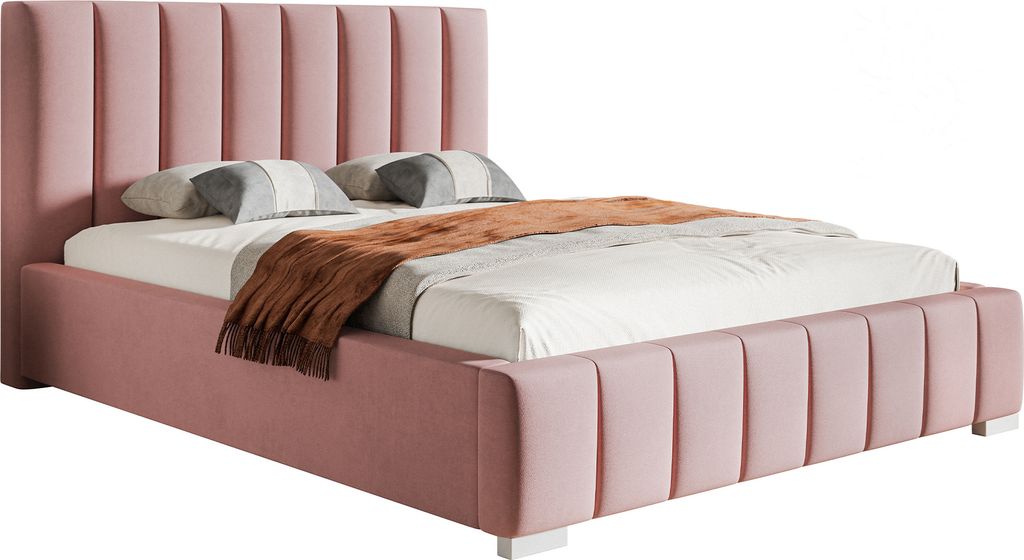 MOTIVENA "Vigo" Polsterbett mit Bettkasten, 200x200, Samt, Rosa, Weiß Füße