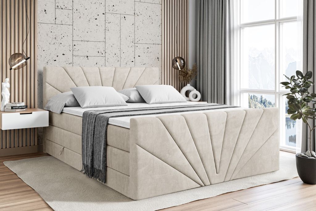ALTDECOR Boxspringbett mit Fußteil, 2 Matratzen und Topper - 160x200 cm - MILTIO-Z KING - Taupe Samt - Polsterbett mit, H3- und H4- Matratzen, Bet...
