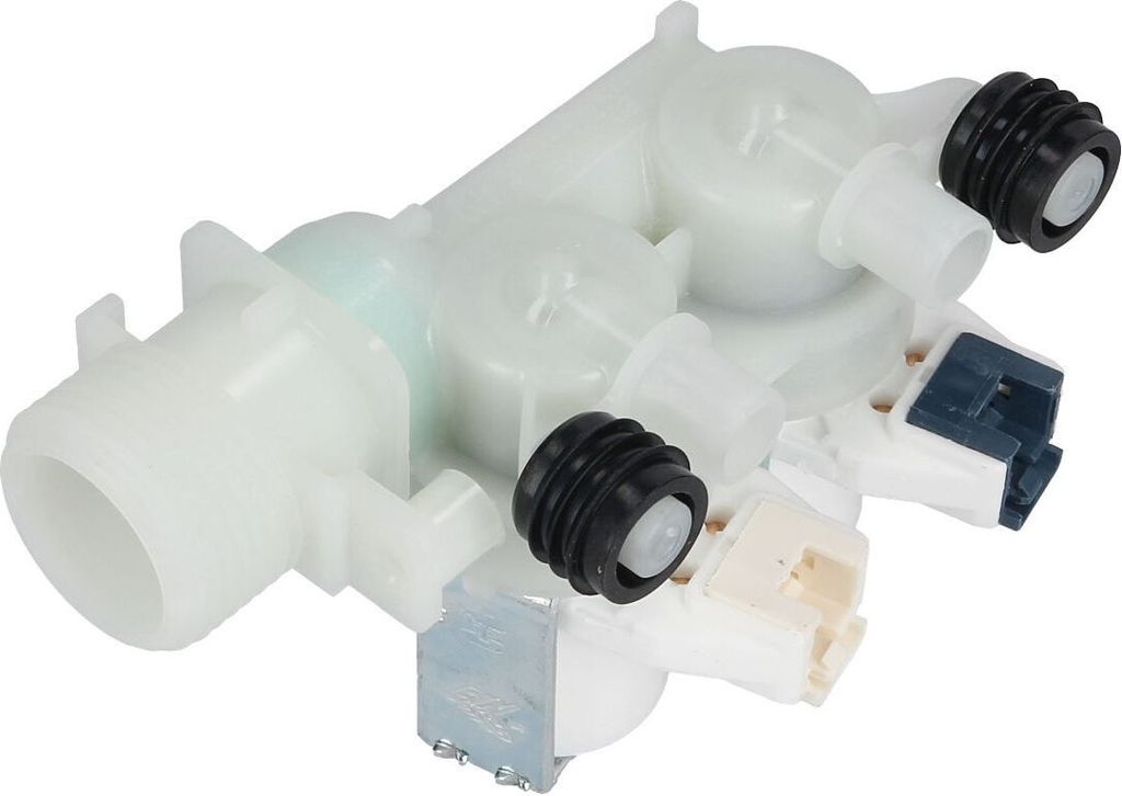 A close-up studio shot of a washing machine inlet valve.