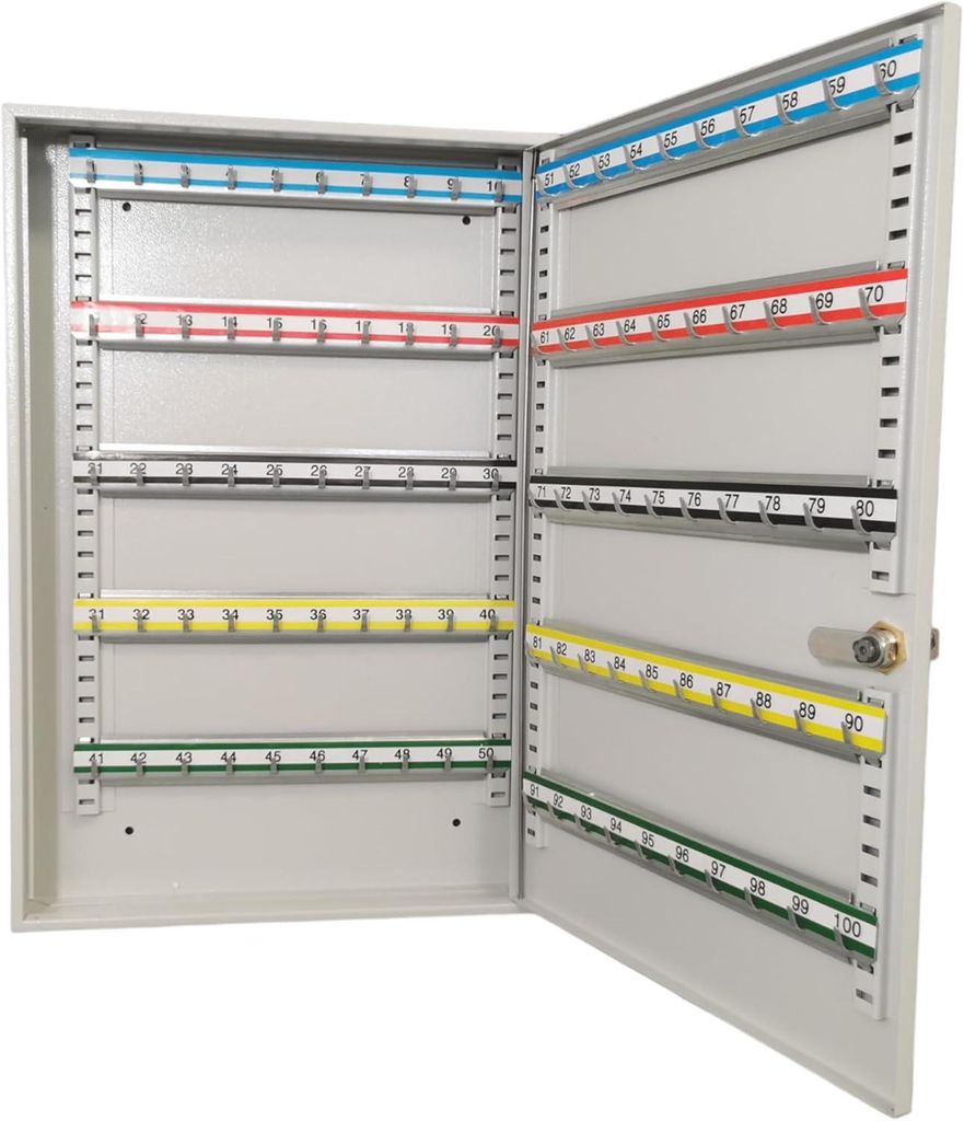 LEOMAR | Schlüsselschrank mit 100 Haken | Schlüsselkasten aus Stahl mit verstellbaren Leisten | Schlüsselbox abschließbar | 6x35x52 cm | Wandmo...