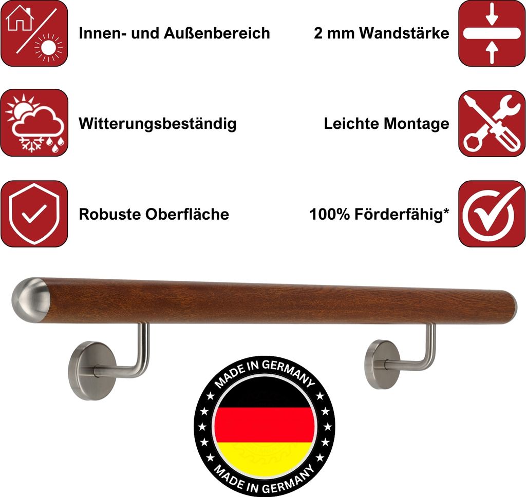 TIBU Handlauf Aluminium Mahagoni Holz Nachbildung 30-600cm Wandhandlauf Treppe gewinkelte Edelstahlhalter, Länge 470 cm mit 5 Halter und halbrunde...