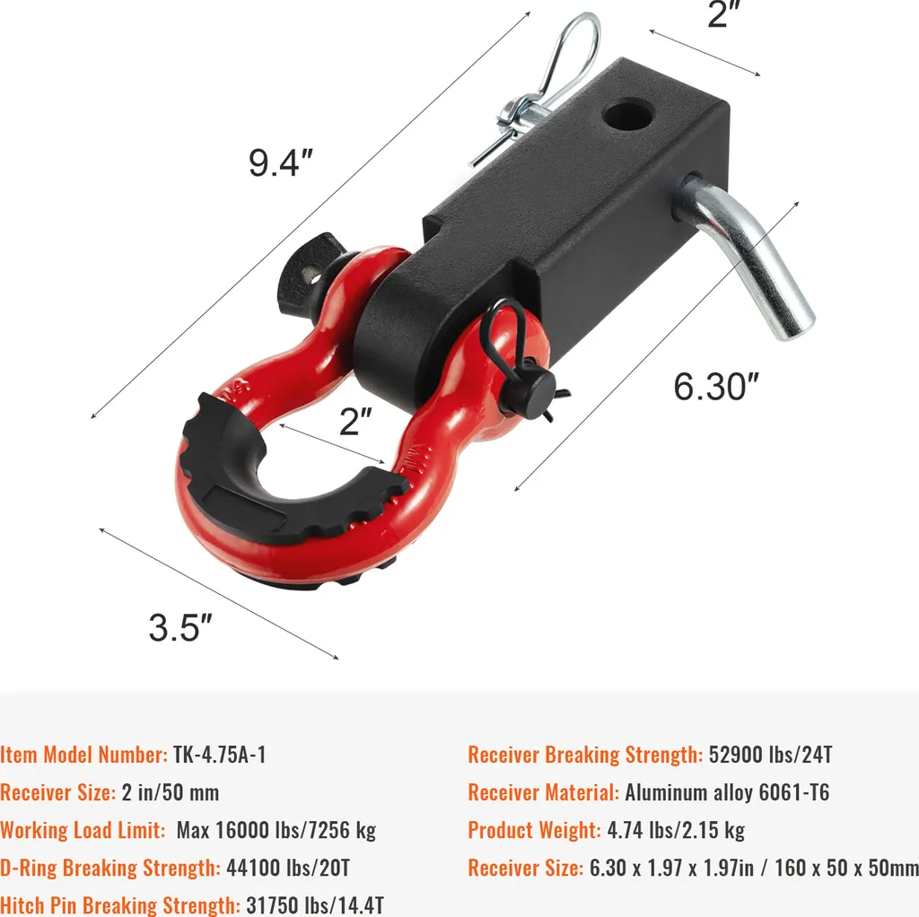 SucceBuy gancio di traino con grillo, compatibile con il gancio di traino da 2 pollici, resistenza alla rottura di 52.900 libbre, anello a D con perno di bloccaggio del gancio di traino, per uso gravoso per camion, jeep durante il recupero - 7