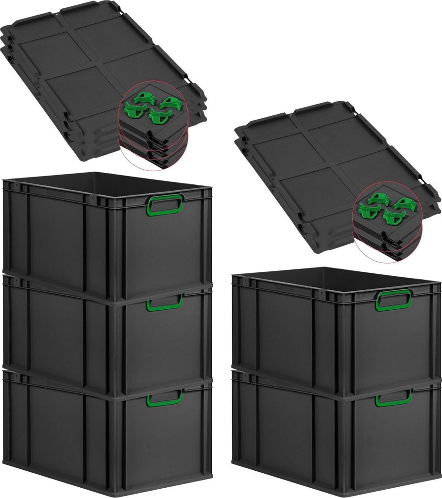 SparSet 5x Eurobox NextGen Color mit Auflagedeckel und Schiebeschnappverschlüsse | HxBxT 32x40x60cm | 65 Liter | Schwarz | Griffe grün geschlosse...