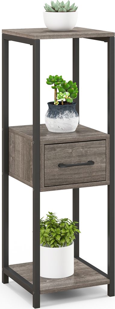 A three-tiered plant stand with a drawer, decorated with potted plants.
