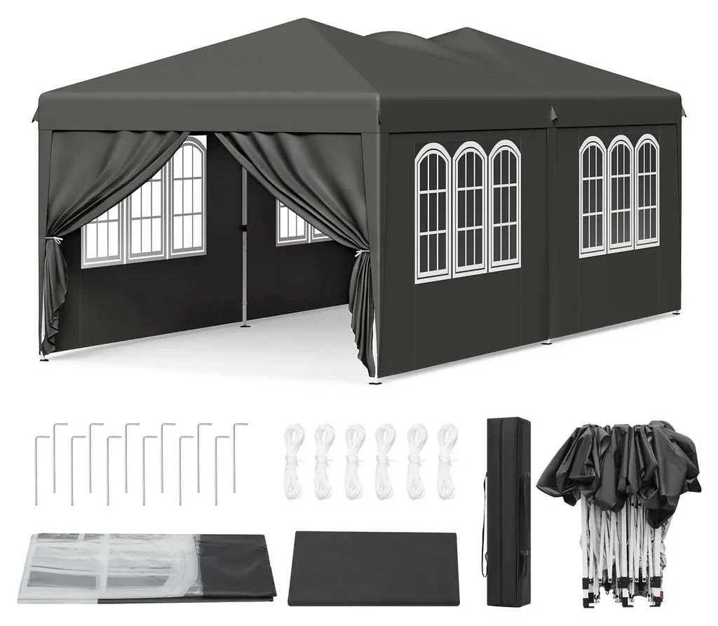 Tente pliante 6x3m pop-up grise avec 6 parois latérales et protection UV