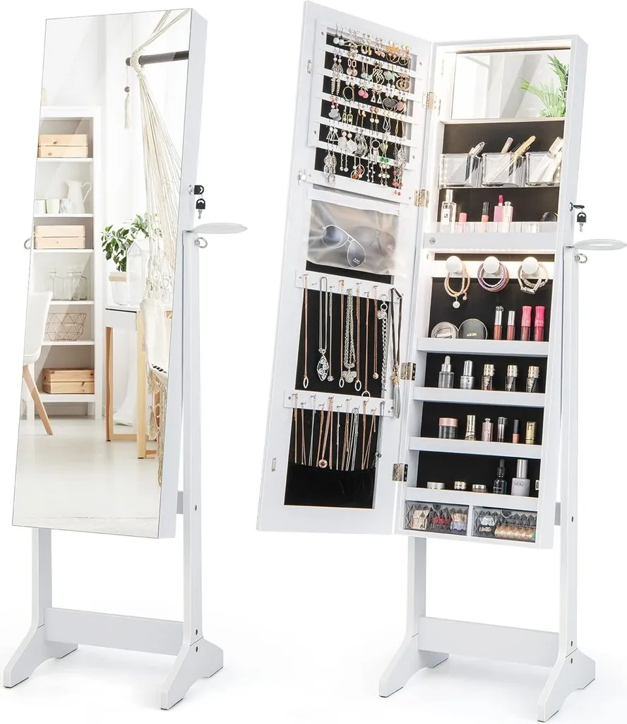 Armoire Bijoux Verrouillable Miroir LED 3 Couleurs et Étagère Basse
