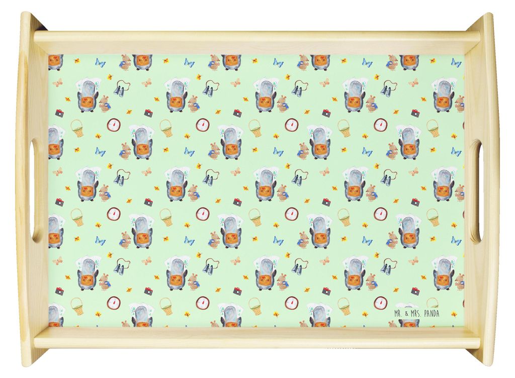 Mr. & Mrs. Panda getränketablett Pinguin & Maus Wanderer - Grün - Geschenk, Abenteuer, Holztablett, Wandern, Tablett, holz serviertablett, Bett-T...