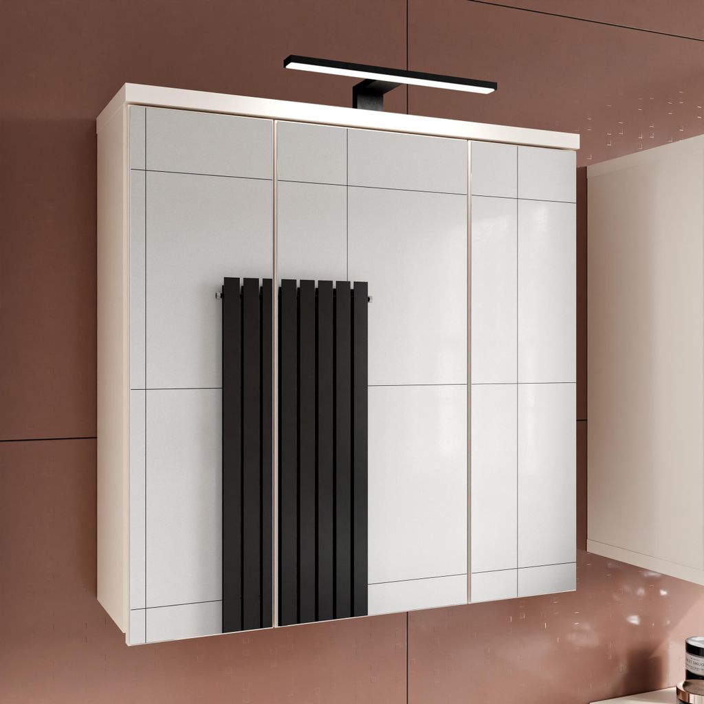 Forte VERIS Hängeschrank 70, schlichter Badschrank mit Spiegel, 3-türig, Wandmontage, Badezimmer, Holzwerkstoff, Kaschmir Beige, 68,6 cm breit x ...