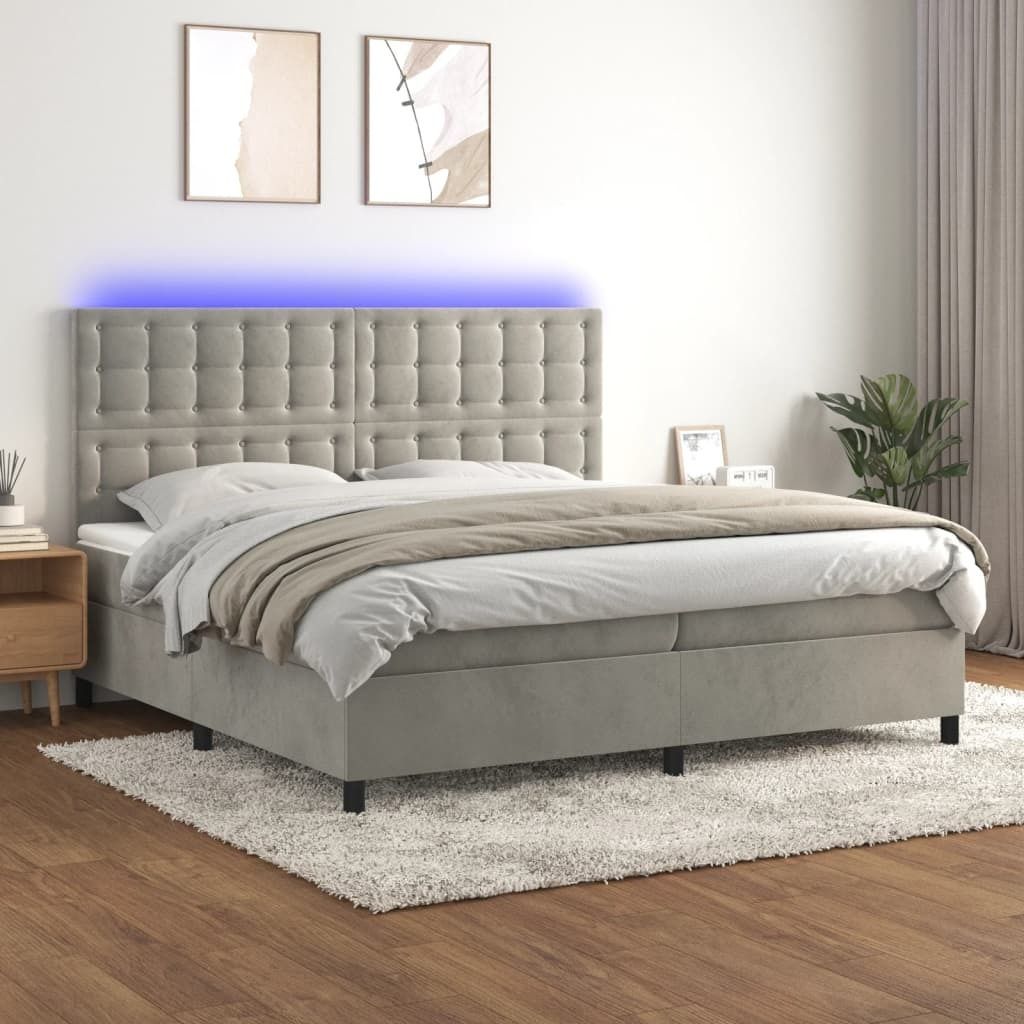The Living Store Boxspringbett mit Matratze & LED Hellgrau 200x200 cm Samt