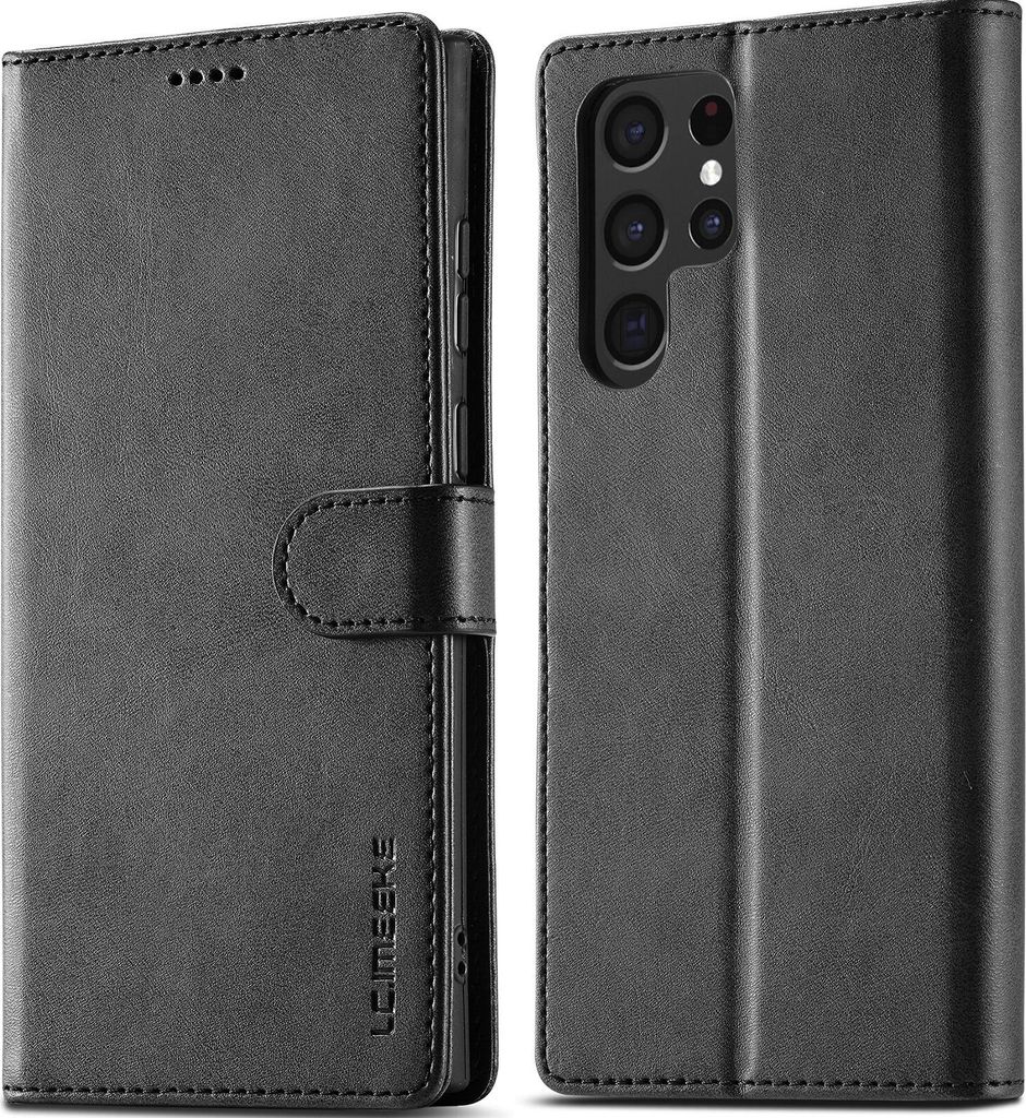 A black leather flip case for a smartphone, shown from the front and back.