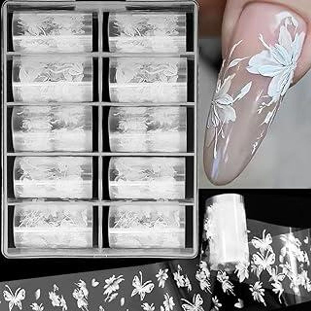 10 Rolle Weiße Blumen Nagelfolie Transferpapier Spitze Blume Transferfolie Nagelsticker Schmetterling Nagelfolien Nagelaufkleber Nail Art Flowers ...