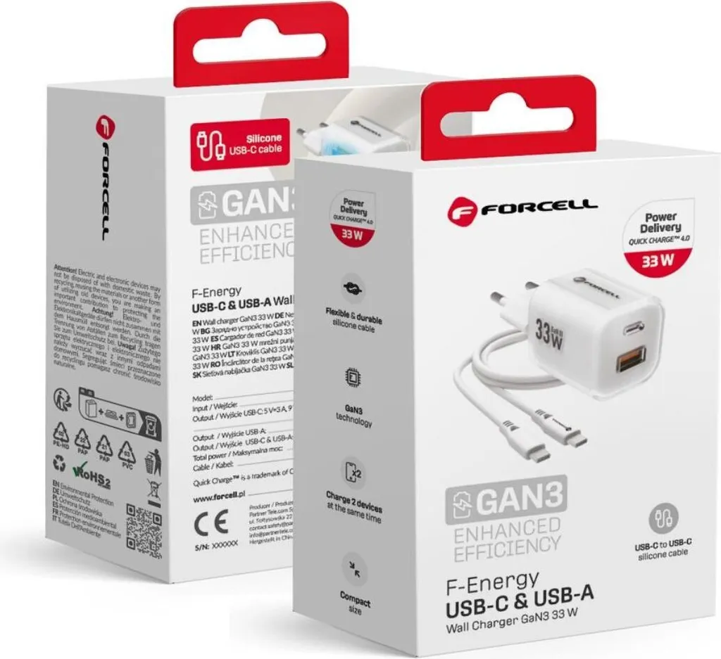 Caricatore da Viaggio Forcell F-Energy 33W GaN III Bianco con Cavo PD