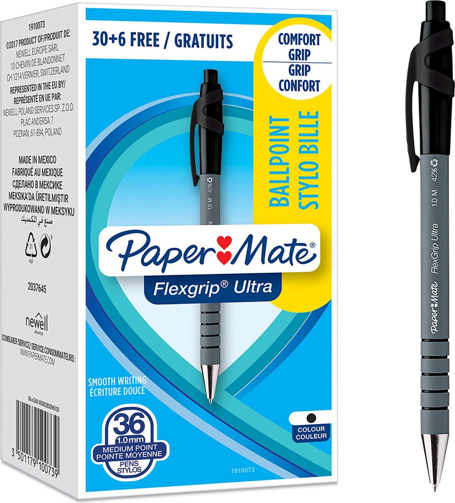Paper Mate Flexgrip Ultra-Druckkugelschreiber | mittlere Spitze (1,0 mm) | schwarz | 30+6-Box