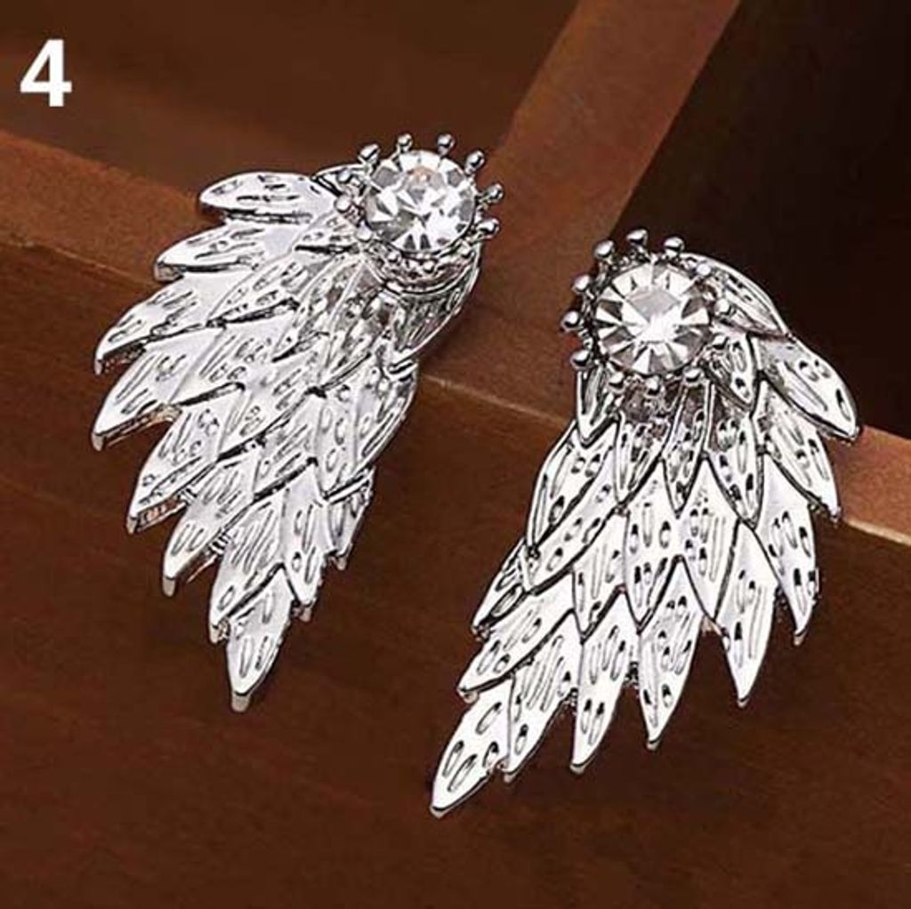 Frauen Retro Gothic Cool Schmuck Engel Flügel Strass Ohr Jacke Ohrringe-Weiß