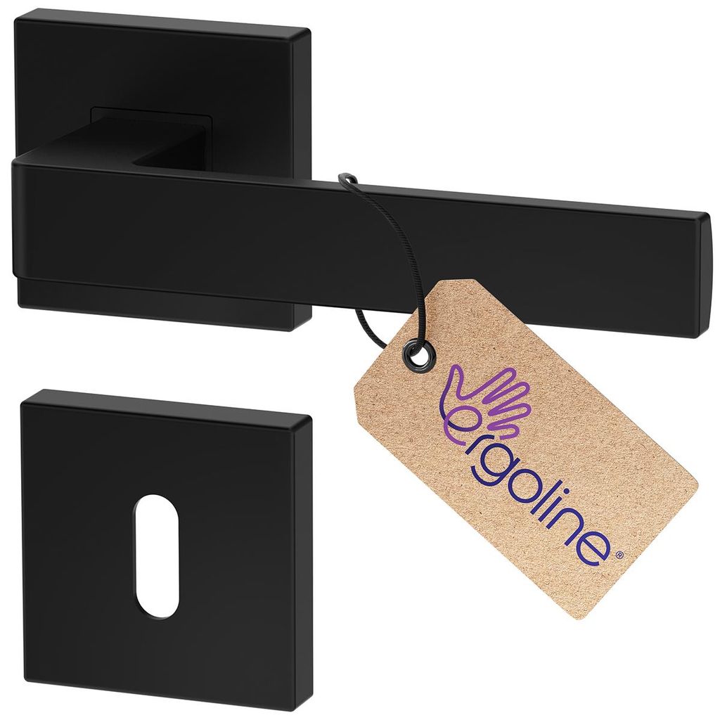 A black door handle set with a key plate and a product tag.