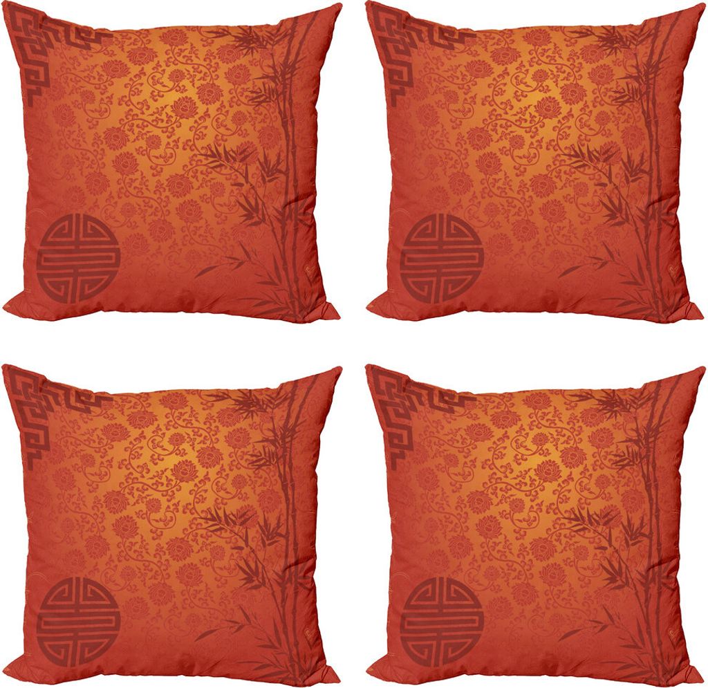 ABAKUHAUS asiatisch Kissenbezug Set (4 Stück), Traditionelle Natur-Kunst, Moderner Doppelseitiger Digitaldruck, 45 cm x 45 cm, Blasse Orange Burgund