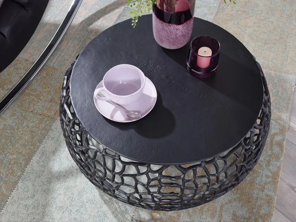 Table basse ronde noire pour salon moderne Rootz motif nœuds 66cm