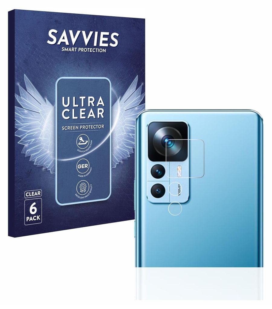 A product shot showing packaging and a smartphone with a camera lens protector applied.
