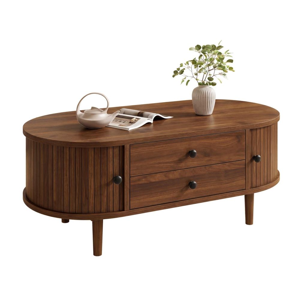 Couchtisch oval vertikale Leisten Sofatisch mit Schiebetüren und 2 Schubladen,Wohnzimmertisch aus MDF