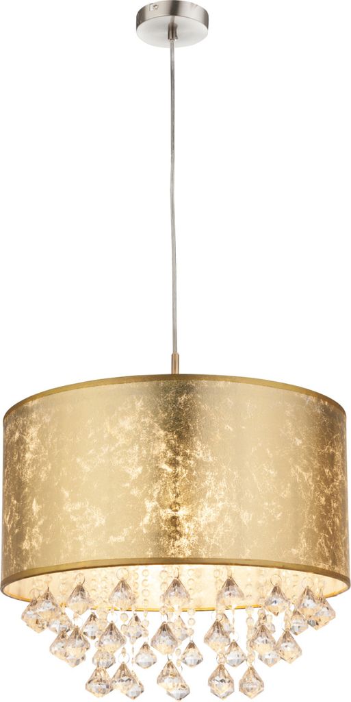 Globo Lighting Hängeleuchte Metall Nickel matt, Textil goldfarben, Kunststoffkristalle klar, Kabel PVC Transparent, inkl. Aufhängung, ø: 400mm, H: 1400mm, exkl. 1x E27 60W 230V